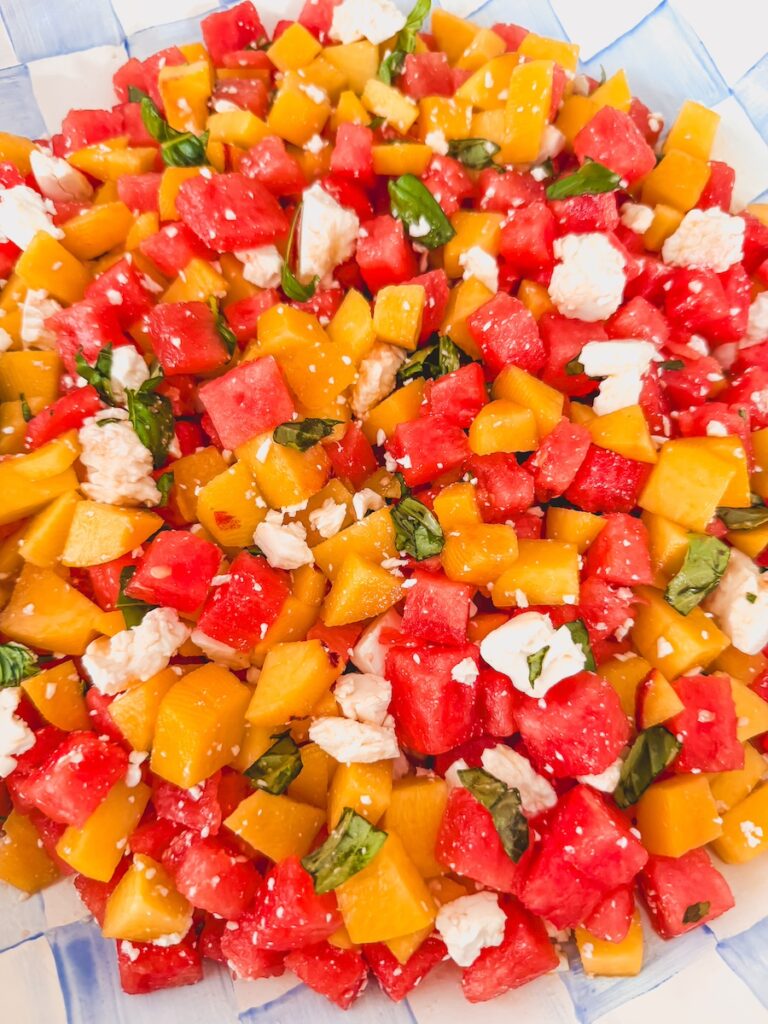 close up of watermelon peach feta salad summer side dish for bbq