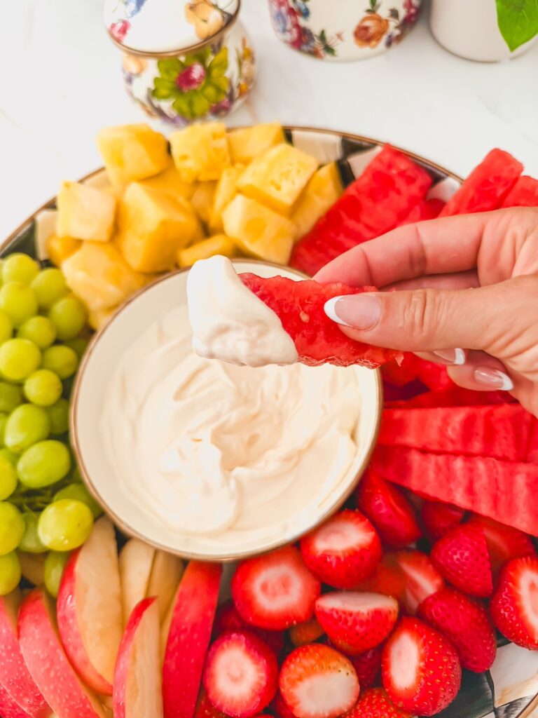 watermelon scooped in fruit dip