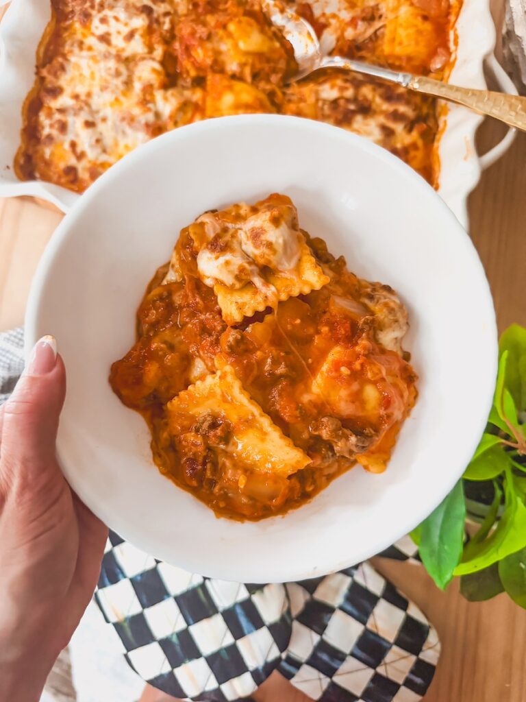 bowl of no bake ravioli for easy weeknight dinner