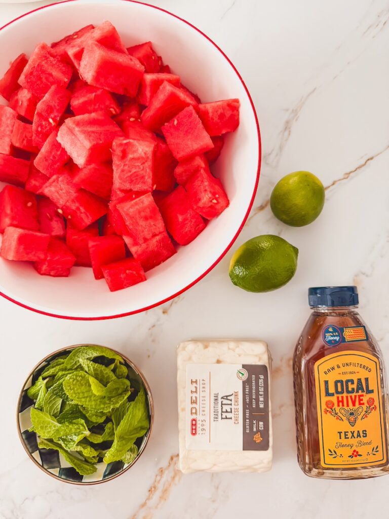 watermelon feta mint salad ingredients on counter