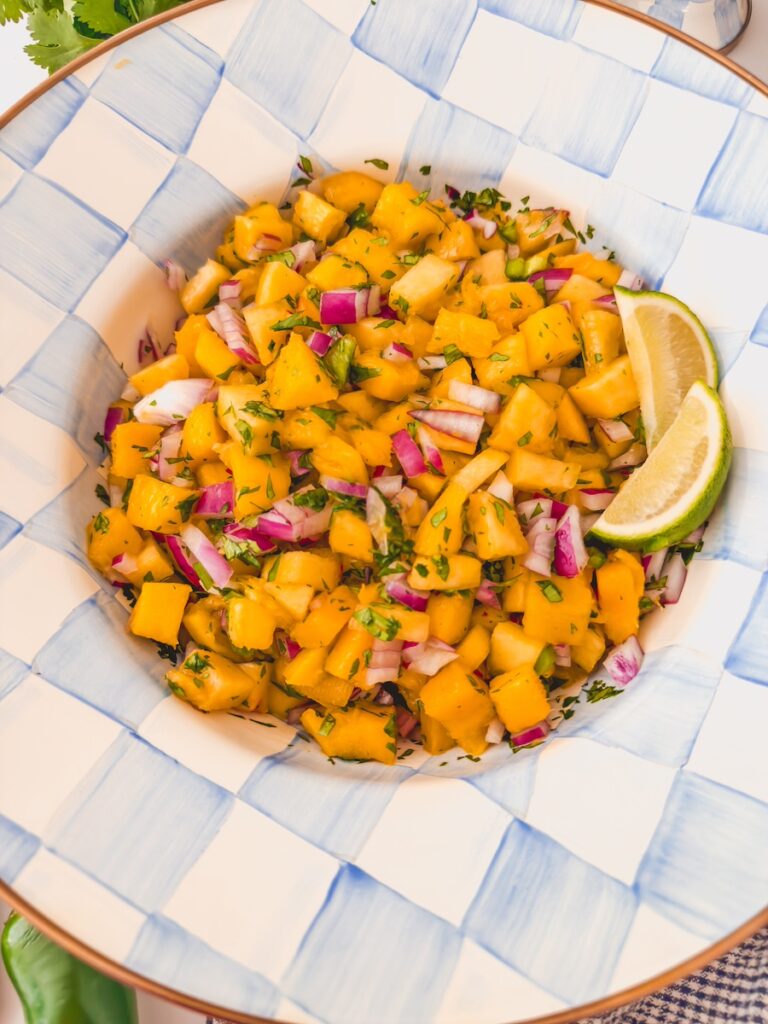 close up of mango peach salsa in a bowl