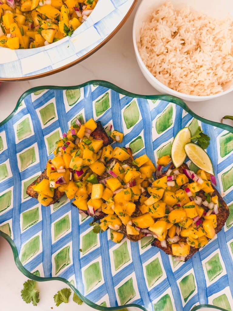 mango peach salsa on salmon for summer dinner