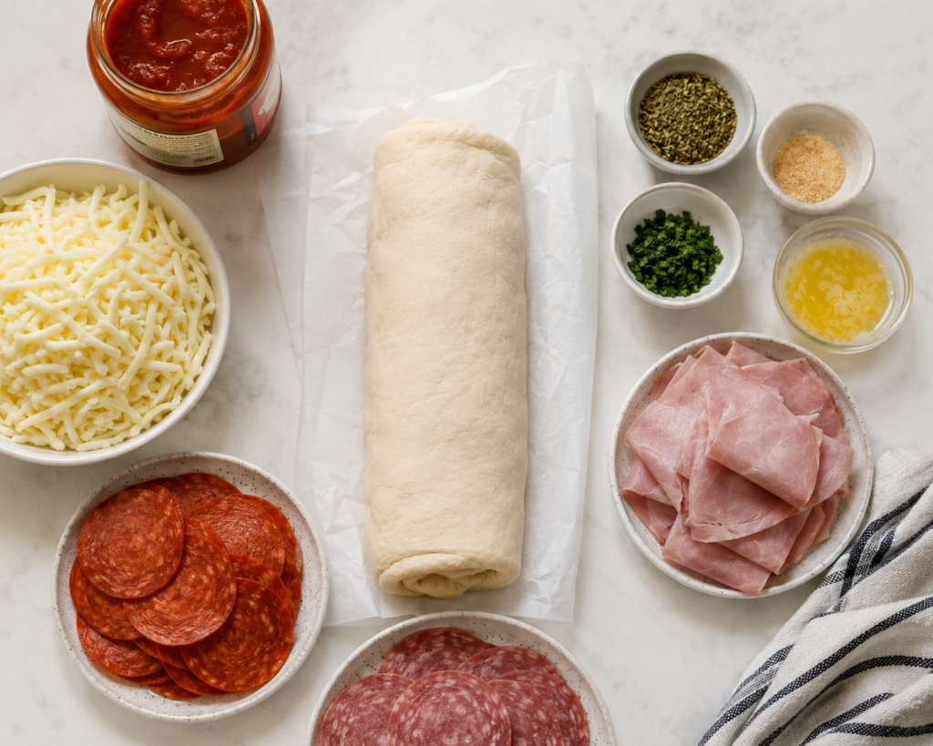 flatlay of ingredients for easy italian stromboli
