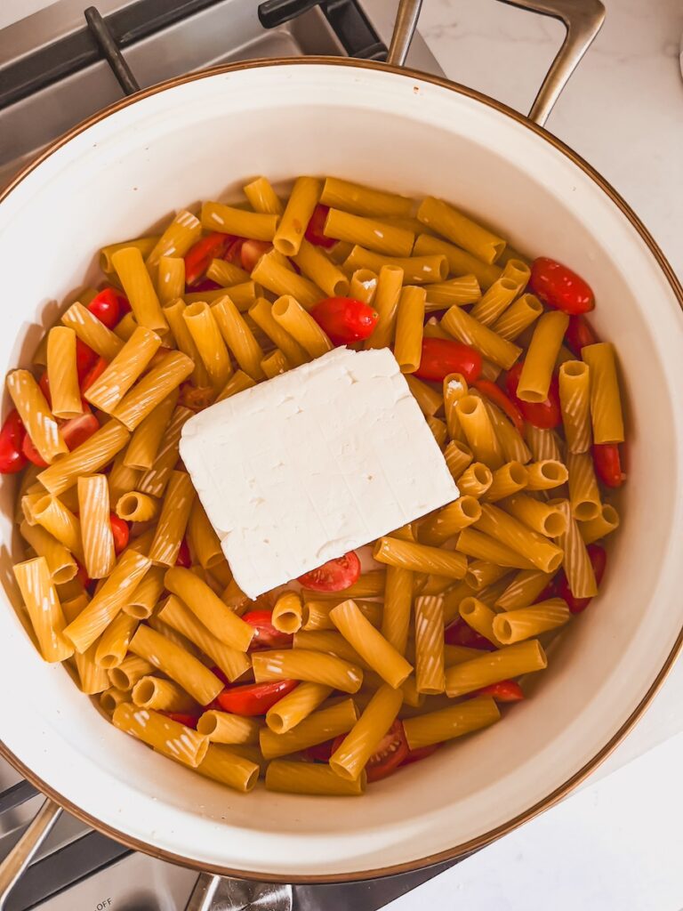 pasta, feta, stock, tomatoes all In one pot