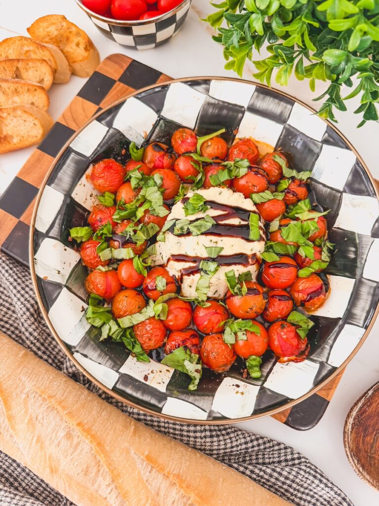 baked Boursin with roasted tomatoes, basil, balsamic glaze