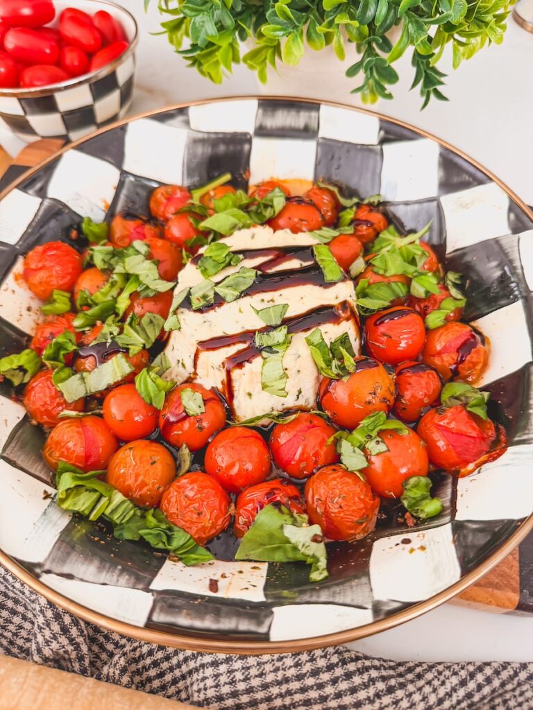 balsamic glaze and basil on top of boursin and tomatoes for an easy party appetizer