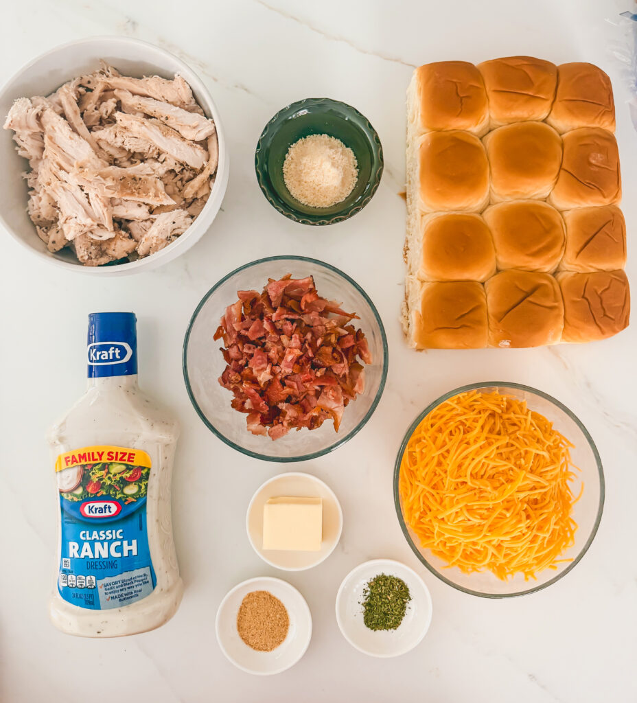 Ingredients for chicken bacon ranch sliders.