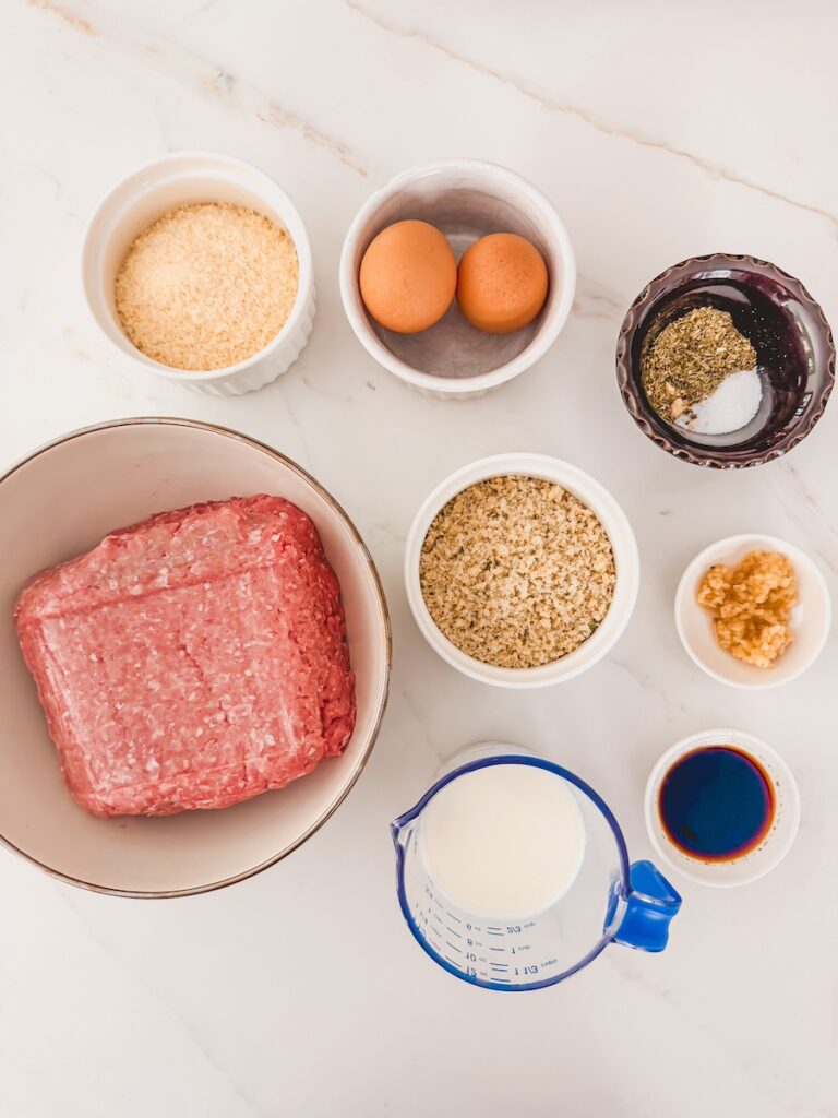 turkey meatballs ingredients in bowls on counter