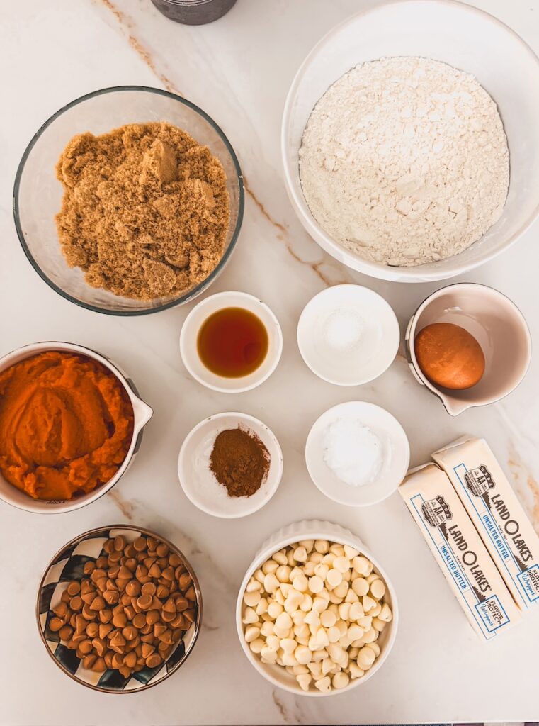 pumpkin blondies ingredients in bowls on counter