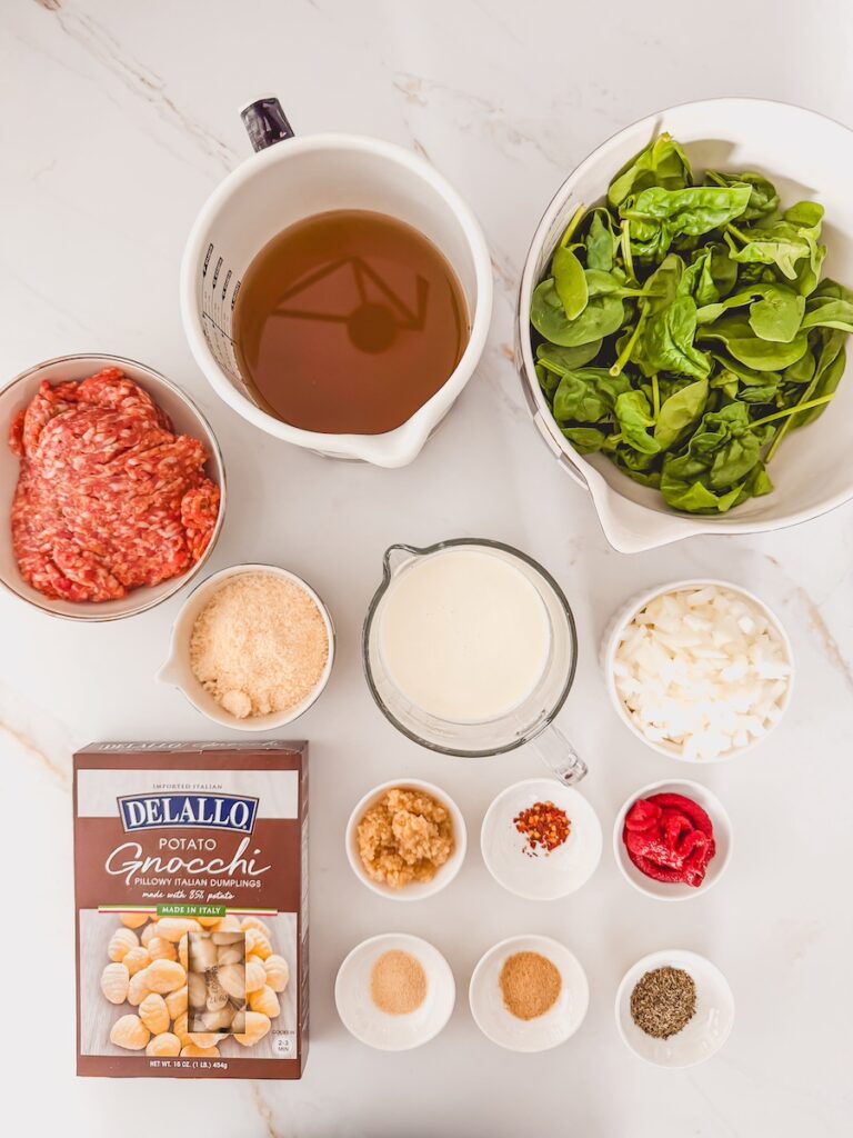 Ingredients for Italian sausage gnocchi soup.