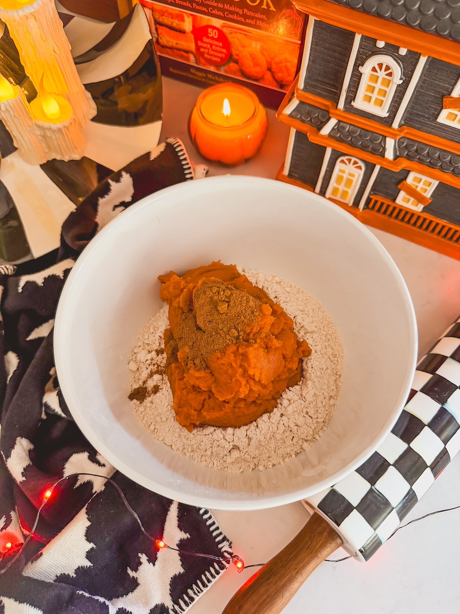 ingredients for pumpkin donuts in bowl