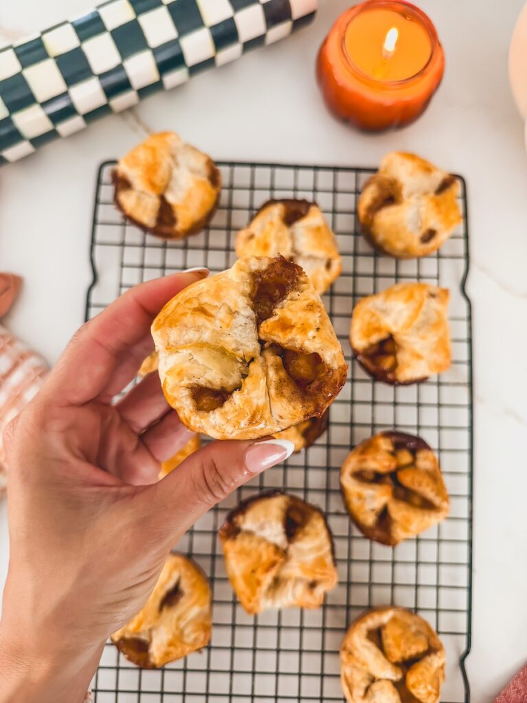 close up of hand holding apple pie pastry