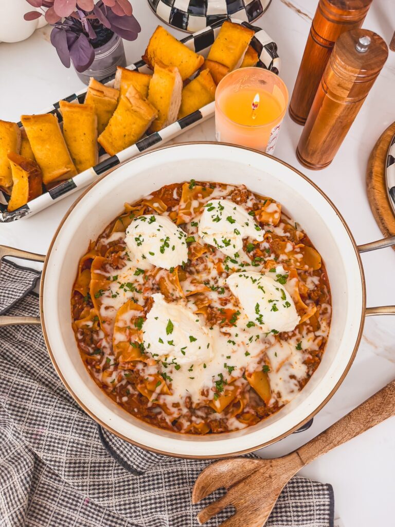 lazy one pan skillet lasagna with side of garlic bread