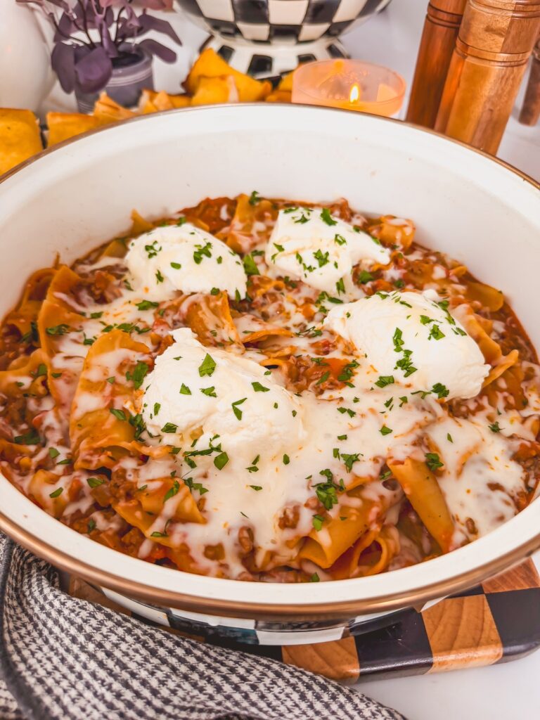 close up of one pan lasagna skillet