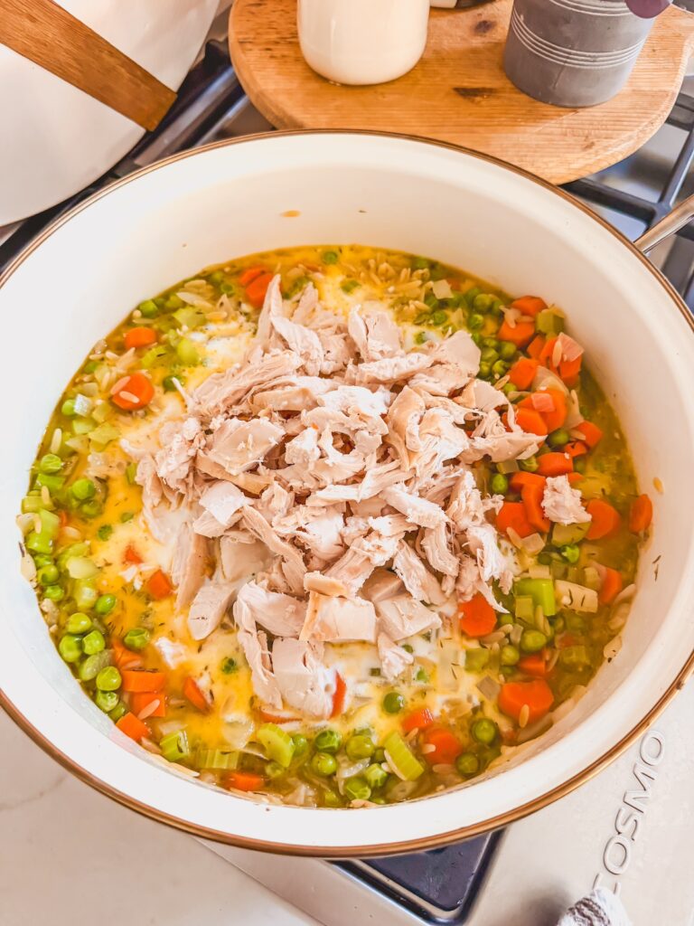 add chicken and milk to chicken pot pie orzo 