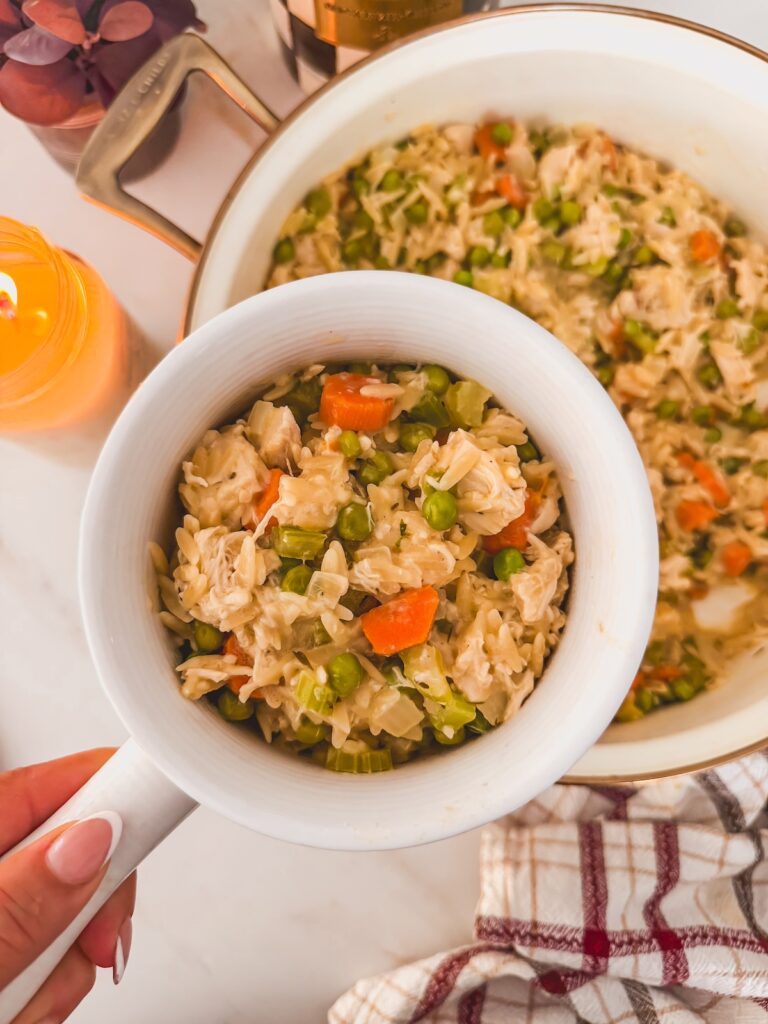 close up of chicken pot pie orzo one pan dinner