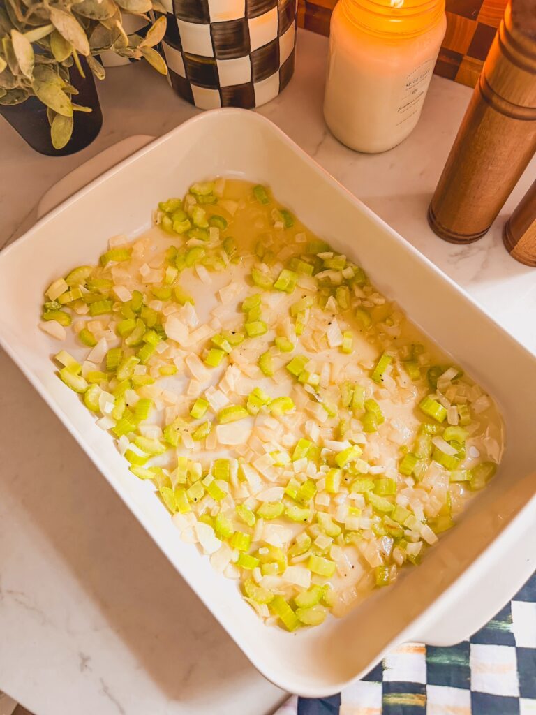 veggies layered into baking dish