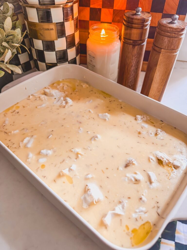 unbaked sauce, chicken and dumpling mixture in baking dish