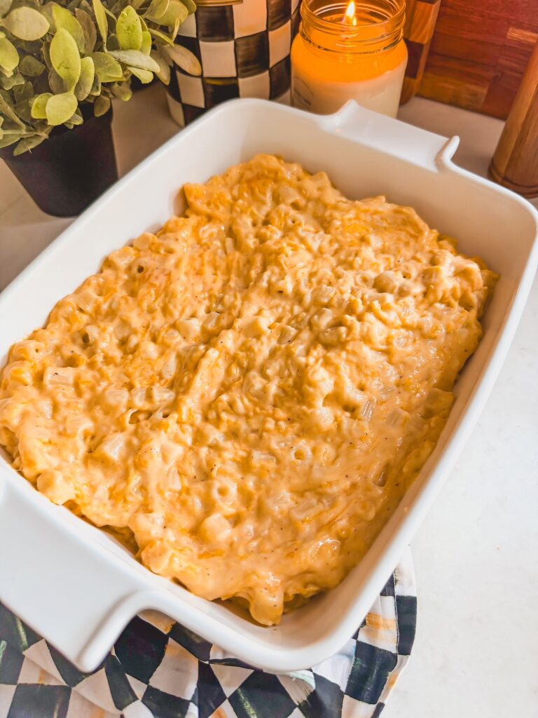 another shot of mac and cheese ready for oven in baking dish