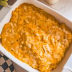 overhead of mac and cheese in baking dish