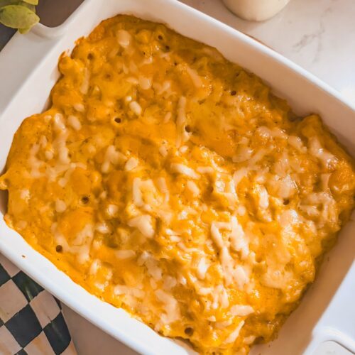 overhead of mac and cheese in baking dish