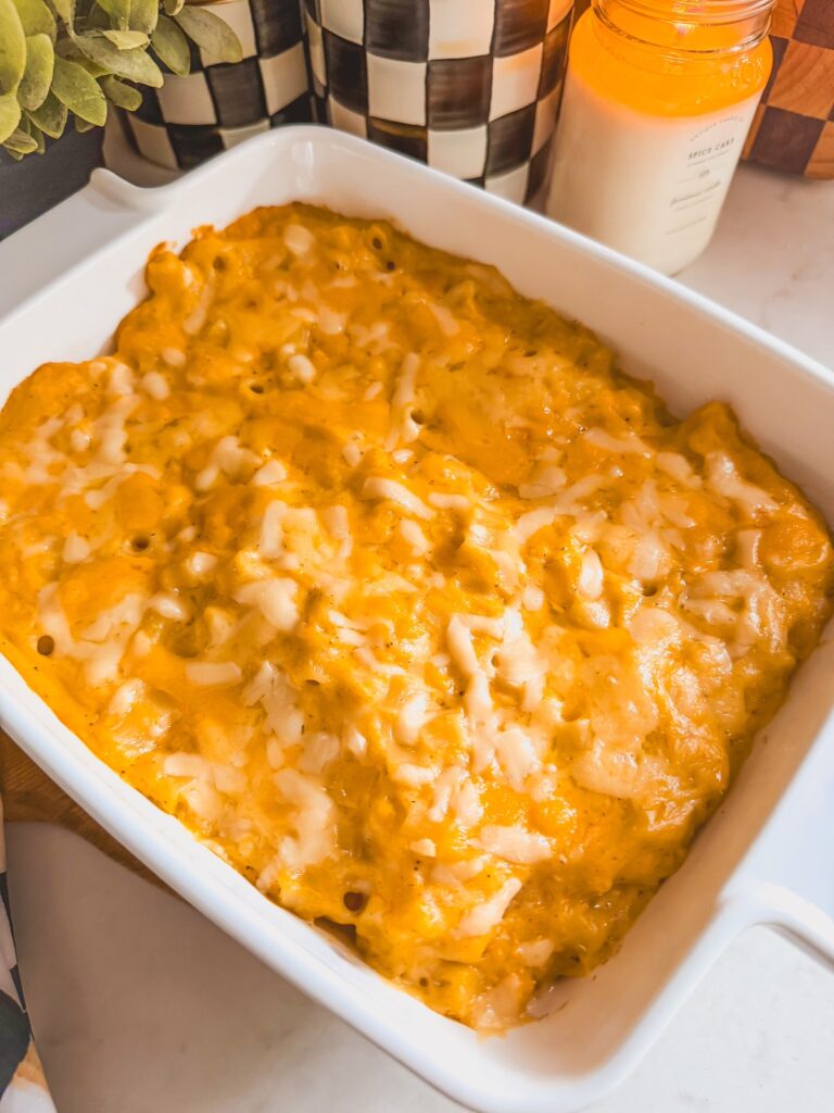 baking dish of mac and cheese