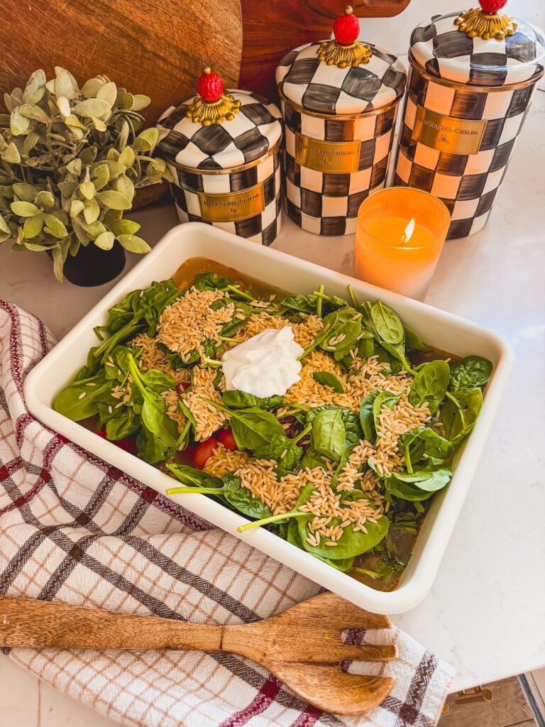 spinach, orzo, greek yogurt, in baking dish