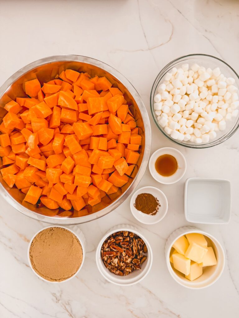 slow cooker sweet potato casserole ingredients on counter