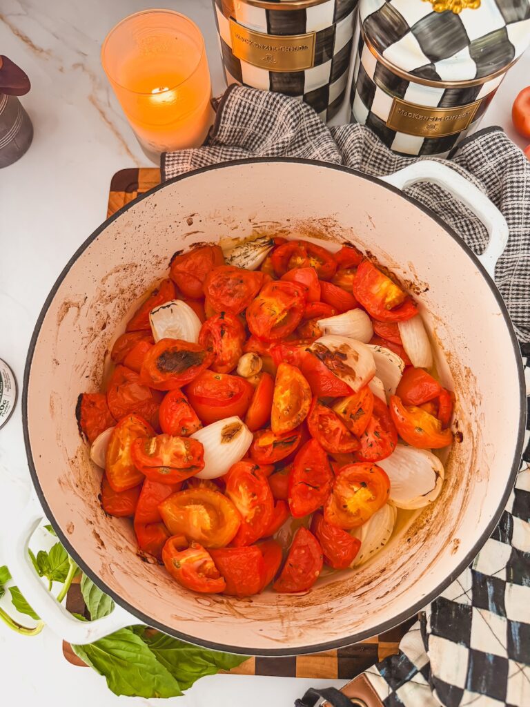 tomatoes, onion and garlic roasted in dutch oven