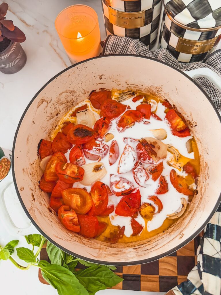 coconut milk added to roasted tomatoes and onion 
