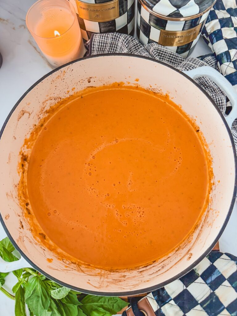 blended roasted totmato soup in dutch oven