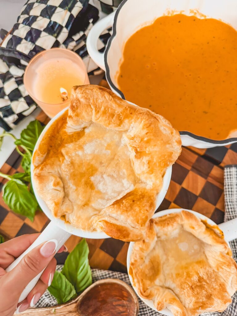 close up of puff pastry roasted tomato soup