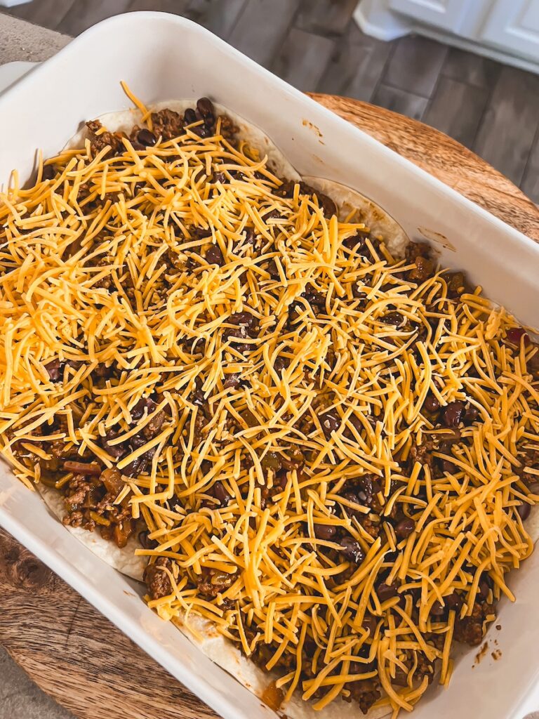 cheese added on top of beef mixture