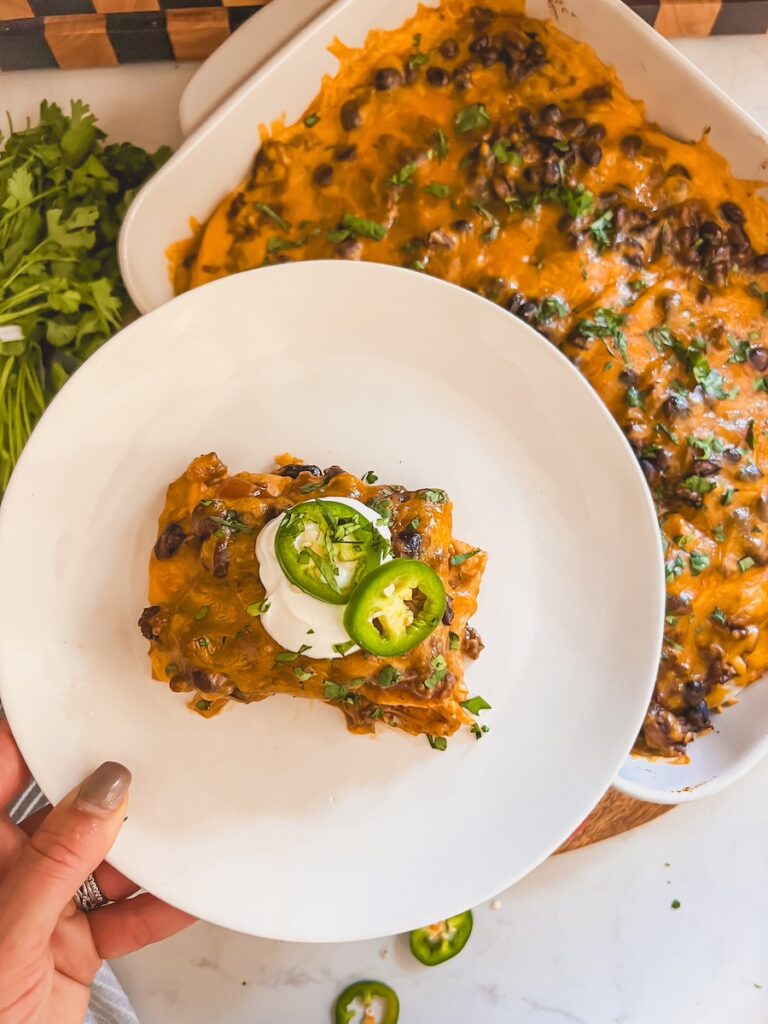 taco casserole slice on a white plate