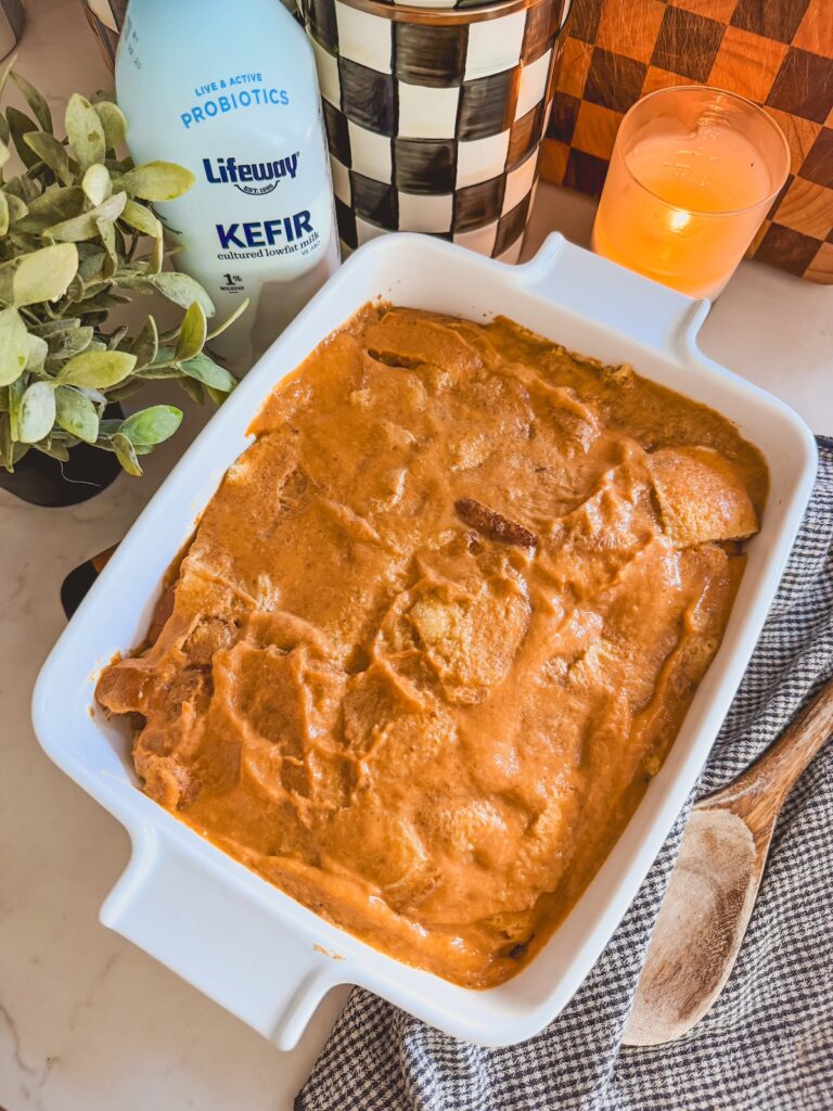 bread with custard on top in baking dish