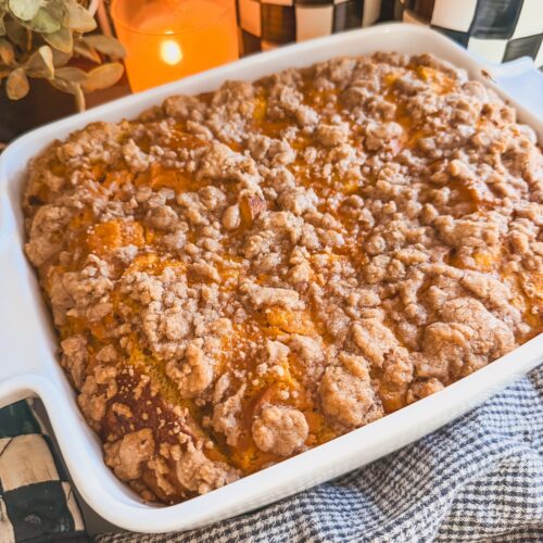 baked pumpkin french toast casserole with streusel topping