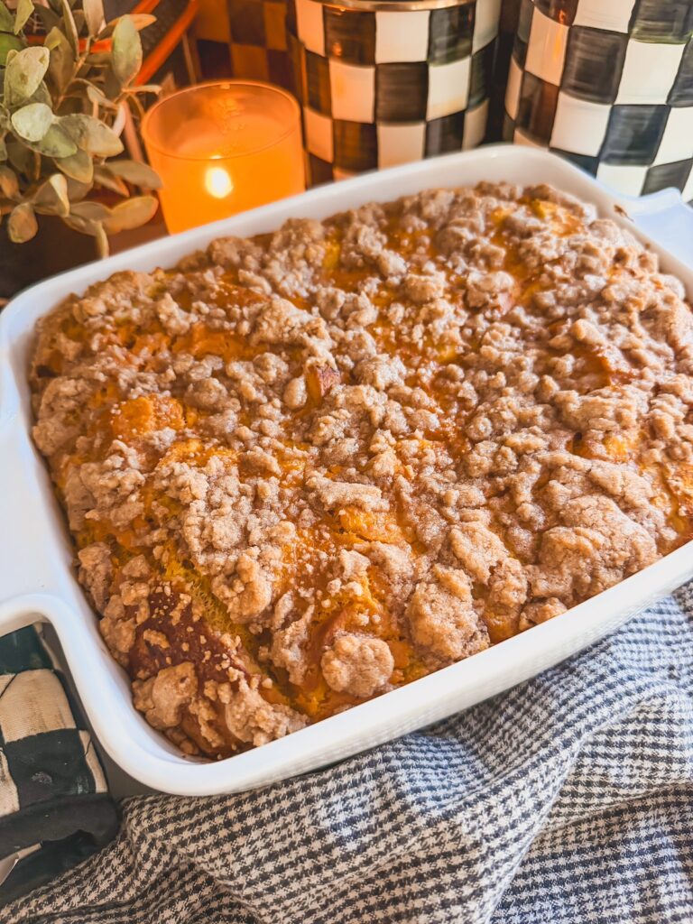 baked pumpkin french toast casserole with streusel topping