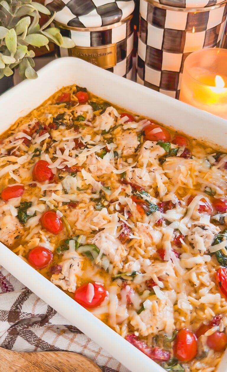 Baked Tuscan Chicken Orzo (Easy One-Pan Dinner)