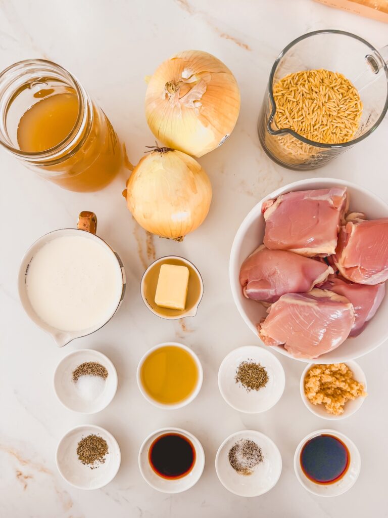 flat lay of chicken and orzo ingrdients