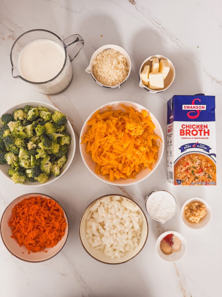 flatlay of ingredients for broccoli cheddar soup