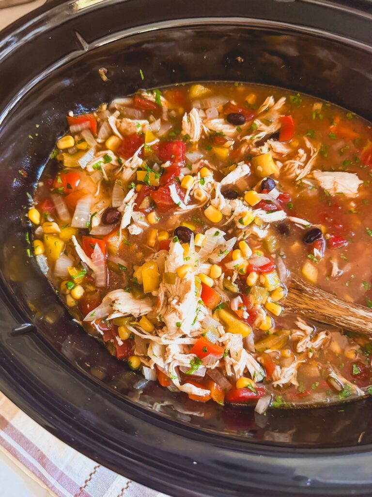 close up of slow cooker chicken tortilla soup