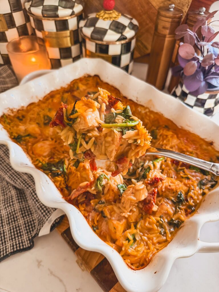 spoon full or marry me chicken and orzo bake